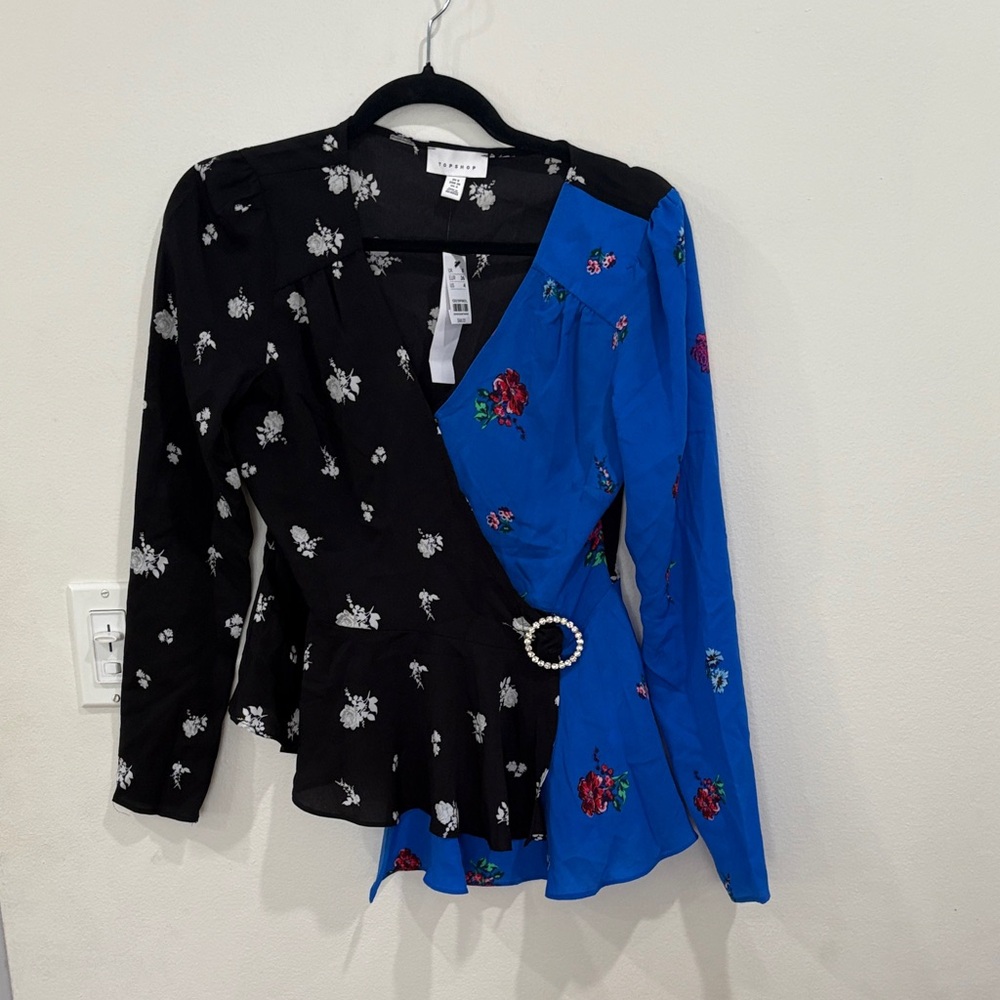 Topshop Black and Blue Floral Wrap Top